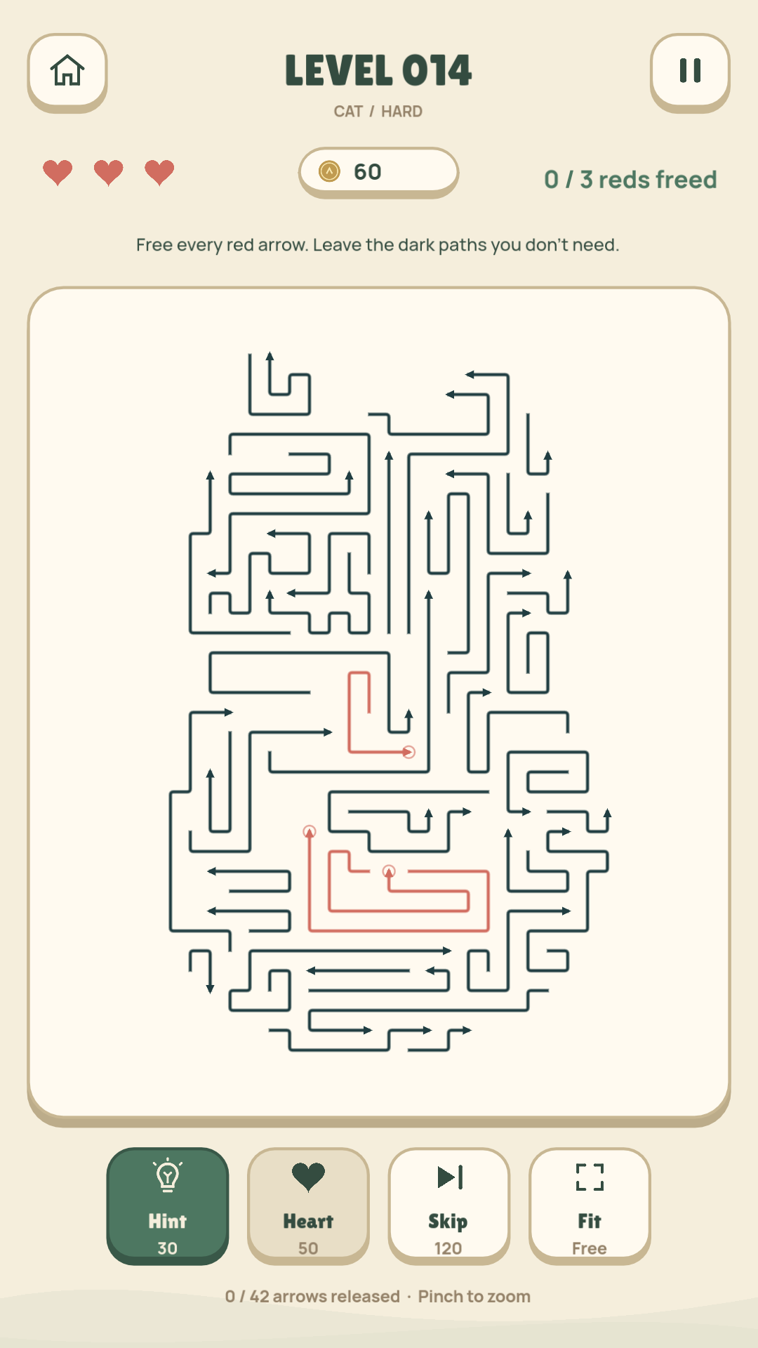 Cat-shaped Arrowbound puzzle with long tangled arrow paths