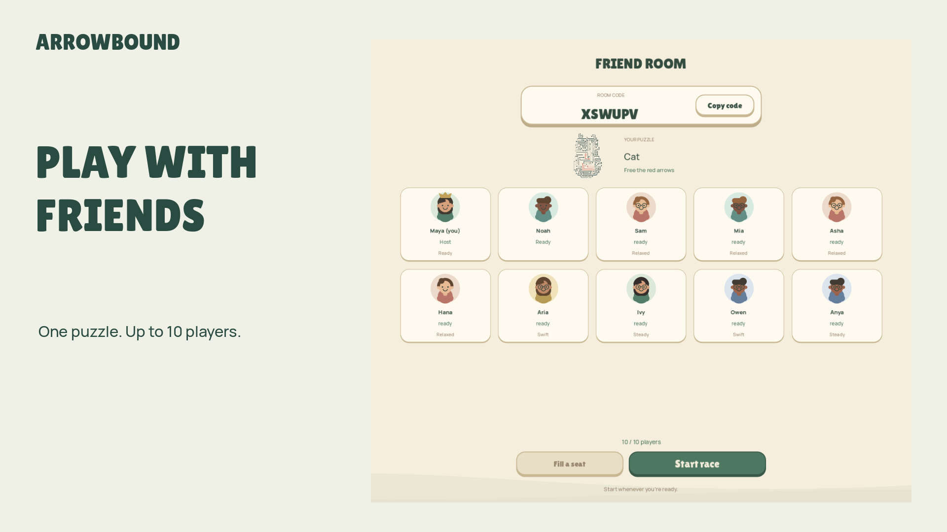 Arrowbound friends lobby with chosen portraits and a room code for up to ten players